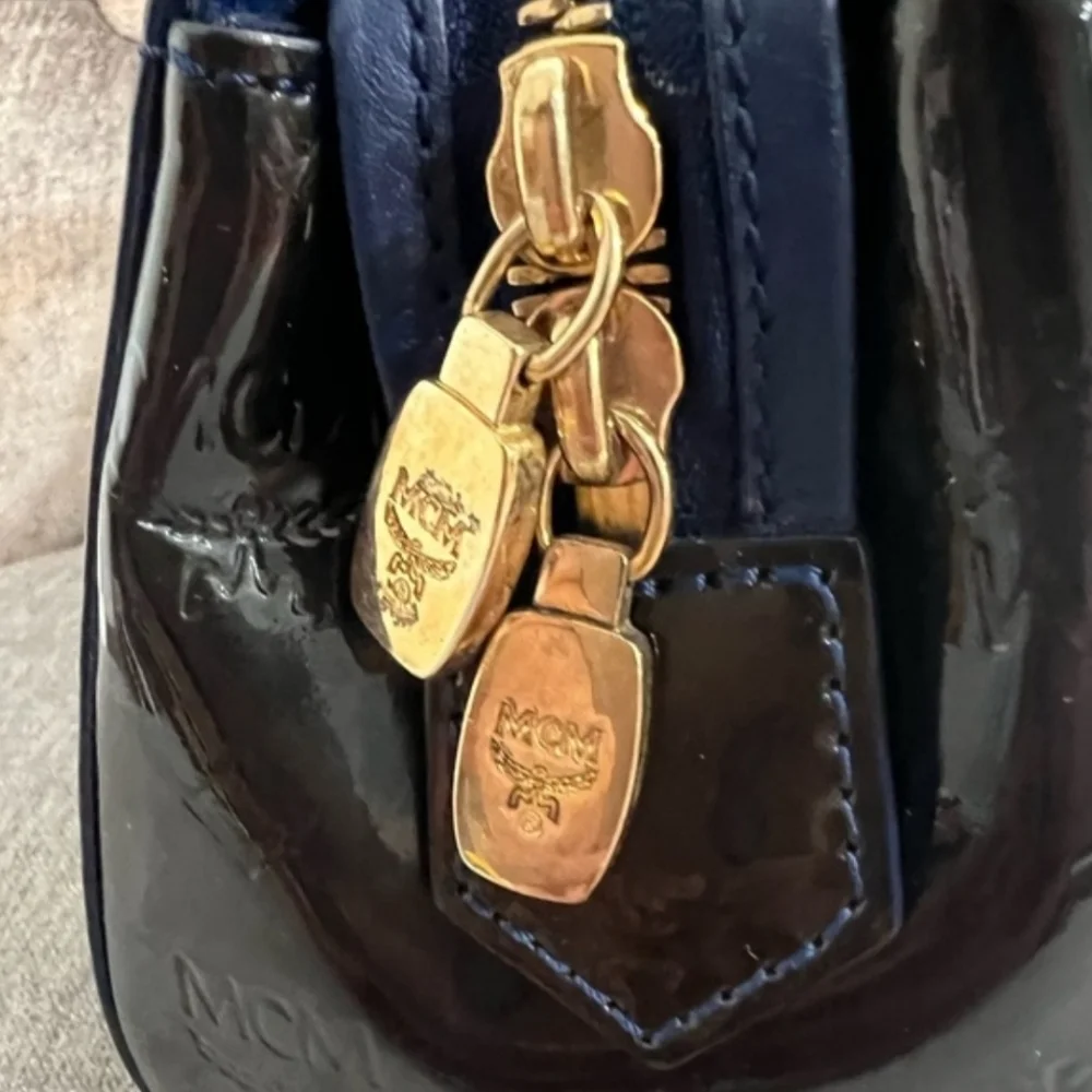 MCM Mini Boston Dark Green Navy Patent Leather Handbag